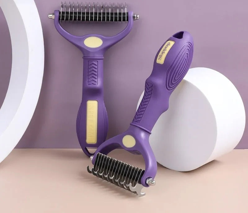 Purple double-sided plastic pet grooming comb for dogs and cats