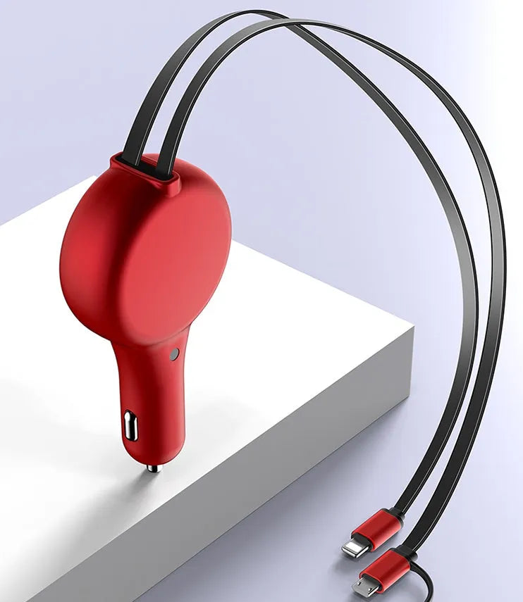 Black retractable car charger with extended cables showing three charging heads and USB port