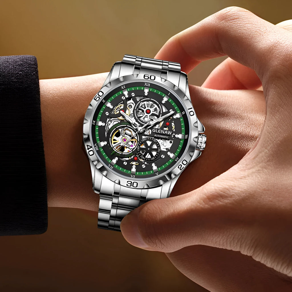 Men's automatic mechanical watch with hollow-out dial showing movement and luminous hands on stainless steel band