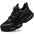 Lightweight black safety work shoes with steel toe caps and breathable upper material