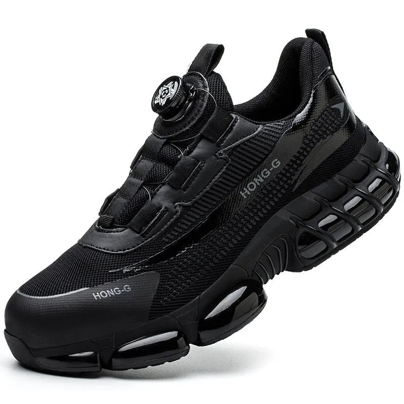 Lightweight black safety work shoes with steel toe caps and breathable upper material
