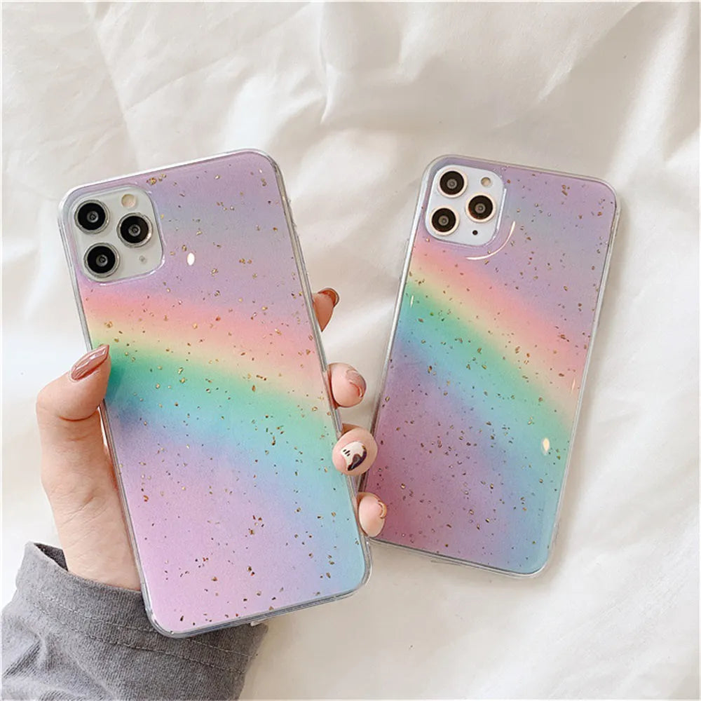 Rainbow gradient iPhone case with striped design for various models.