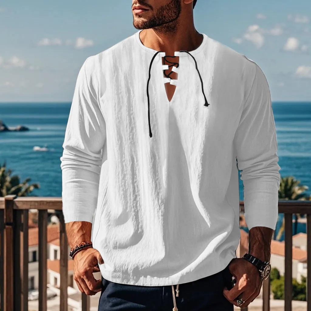 Cotton linen blend solid colour beach shirt in loose pullover style