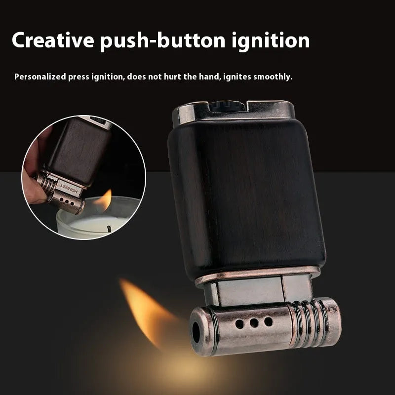 Ebony gas lighter with metal construction and decorative wood finish options