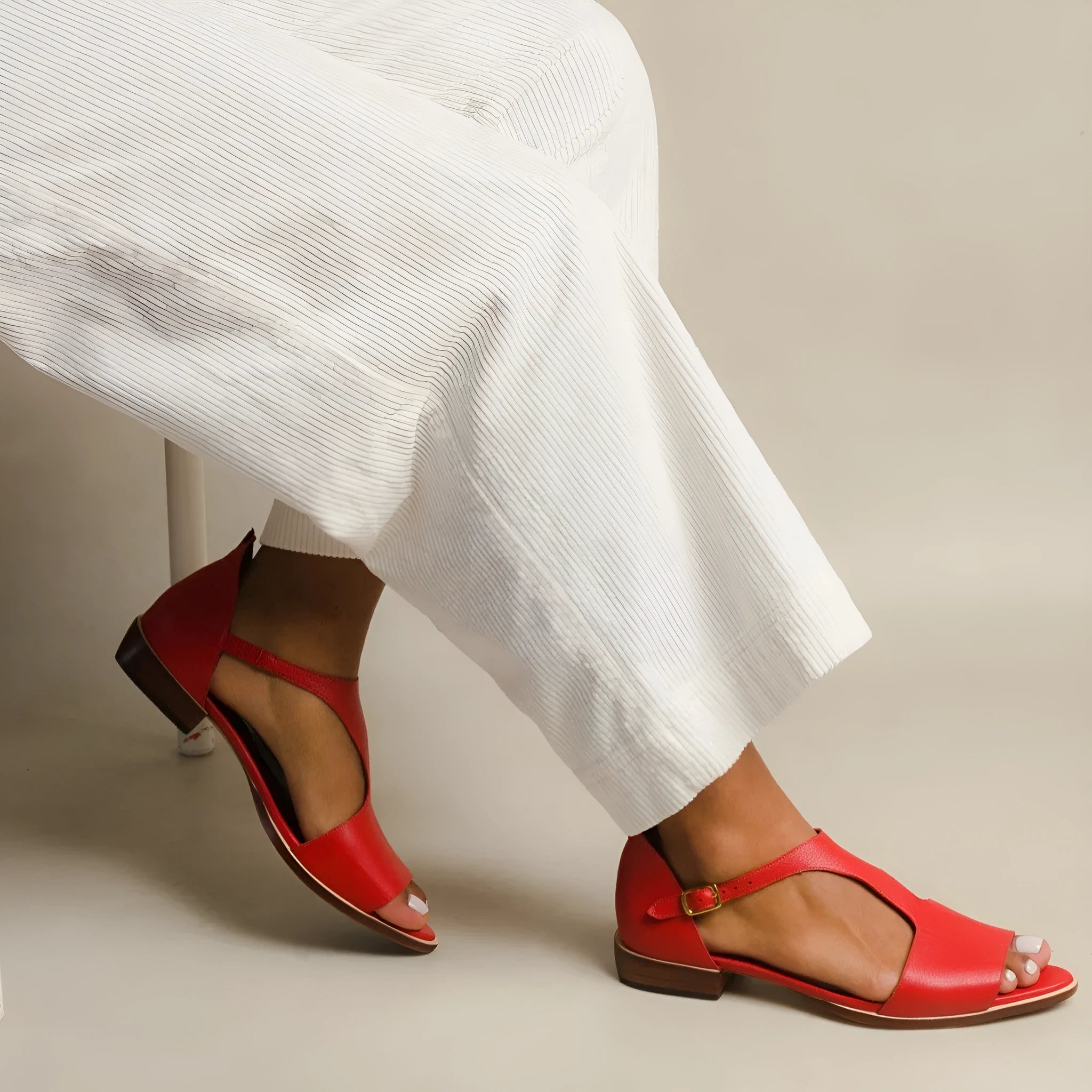 Red women's plus size sandals with square buckle and herringbone toe pattern