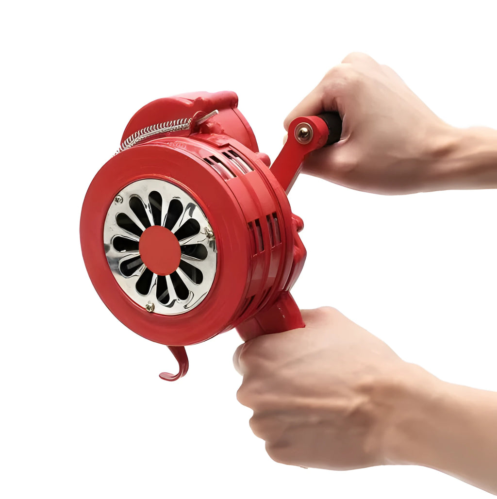 Red manual hand crank air raid alarm siren with folding lever and aluminium alloy body