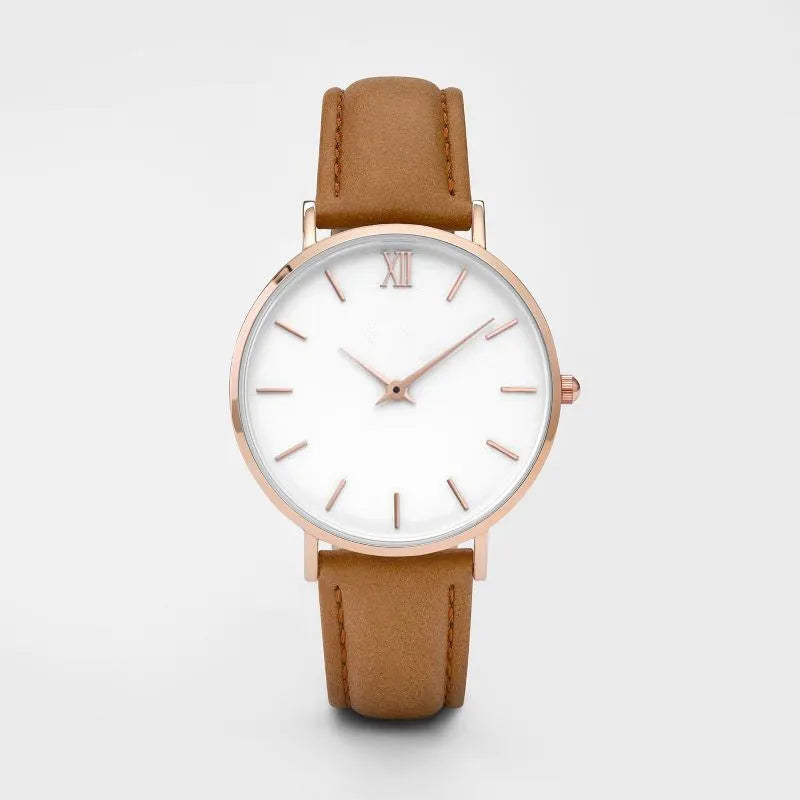 35.5mm square alloy case quartz watch with a PU leather strap, shown in a selection of colours.
