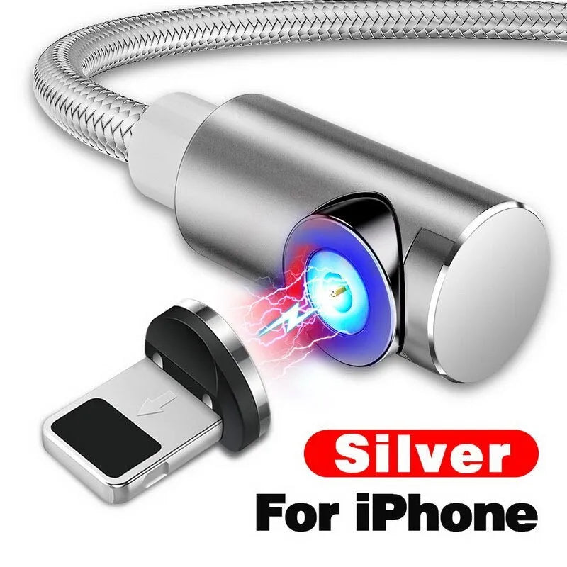 L-shape magnetic charging cable with aluminium housing in black, red, gold, or silver, showing Micro USB, Lightning and Type-C plug heads.