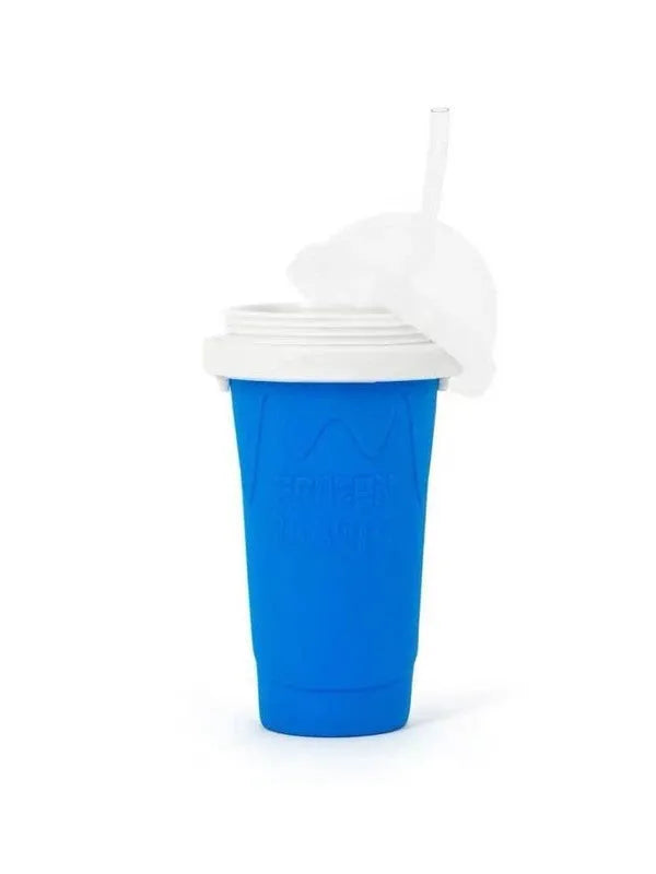 Blue double-layer silicone pinch cup for fast drink cooling, shown next to a smoothie.