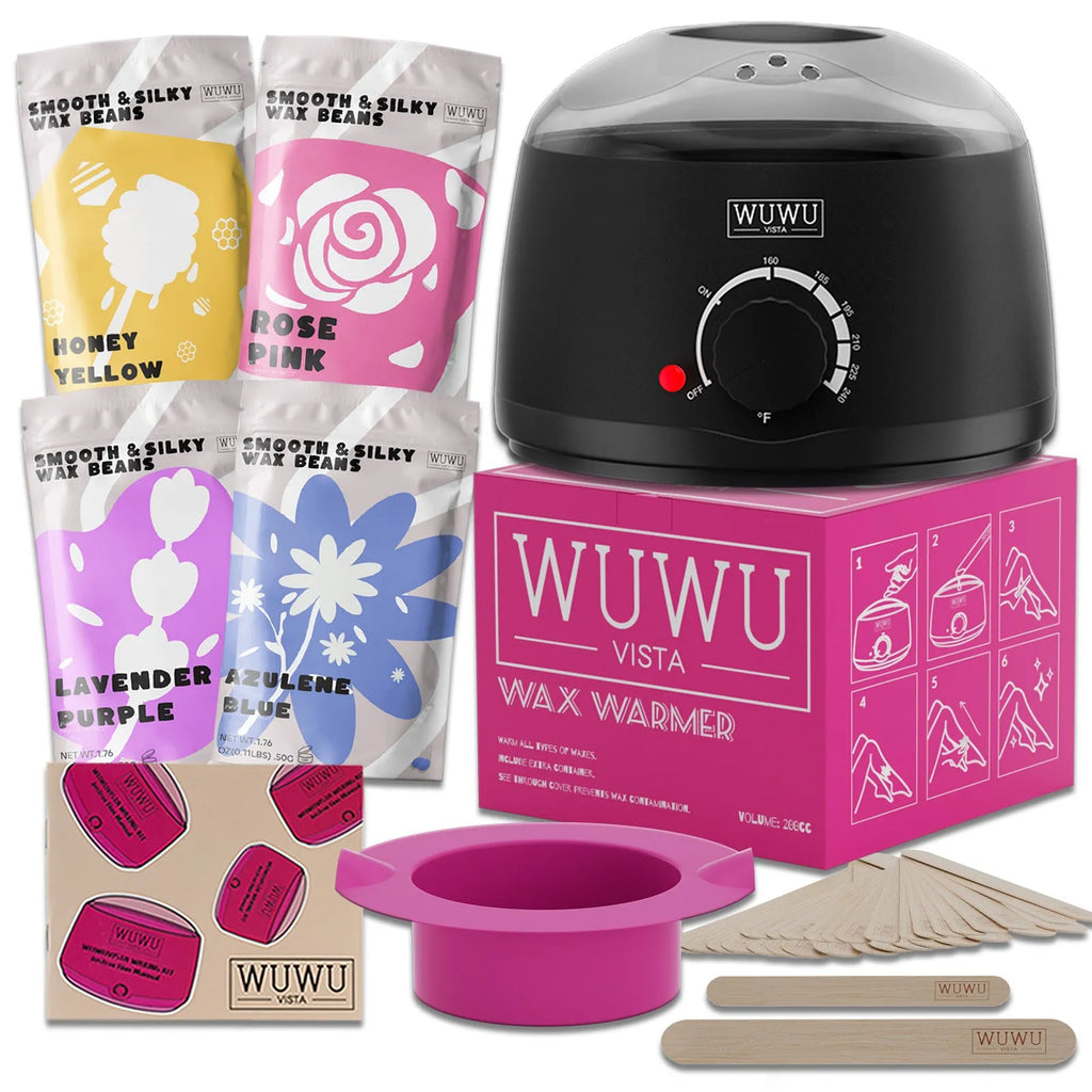 27 piece hair removal wax kit with electric warmer, four coloured wax beads, and applicator sticks