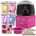 27 piece hair removal wax kit with electric warmer, four coloured wax beads, and applicator sticks