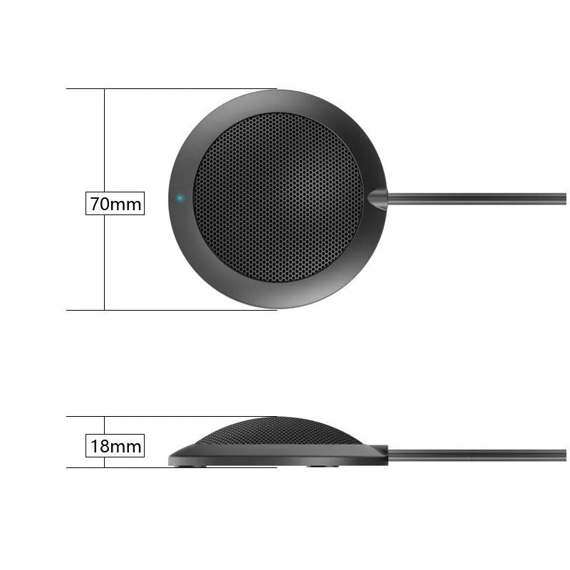 Black USB desktop microphone with metal mesh cover and 70mm diameter design for computer audio recording