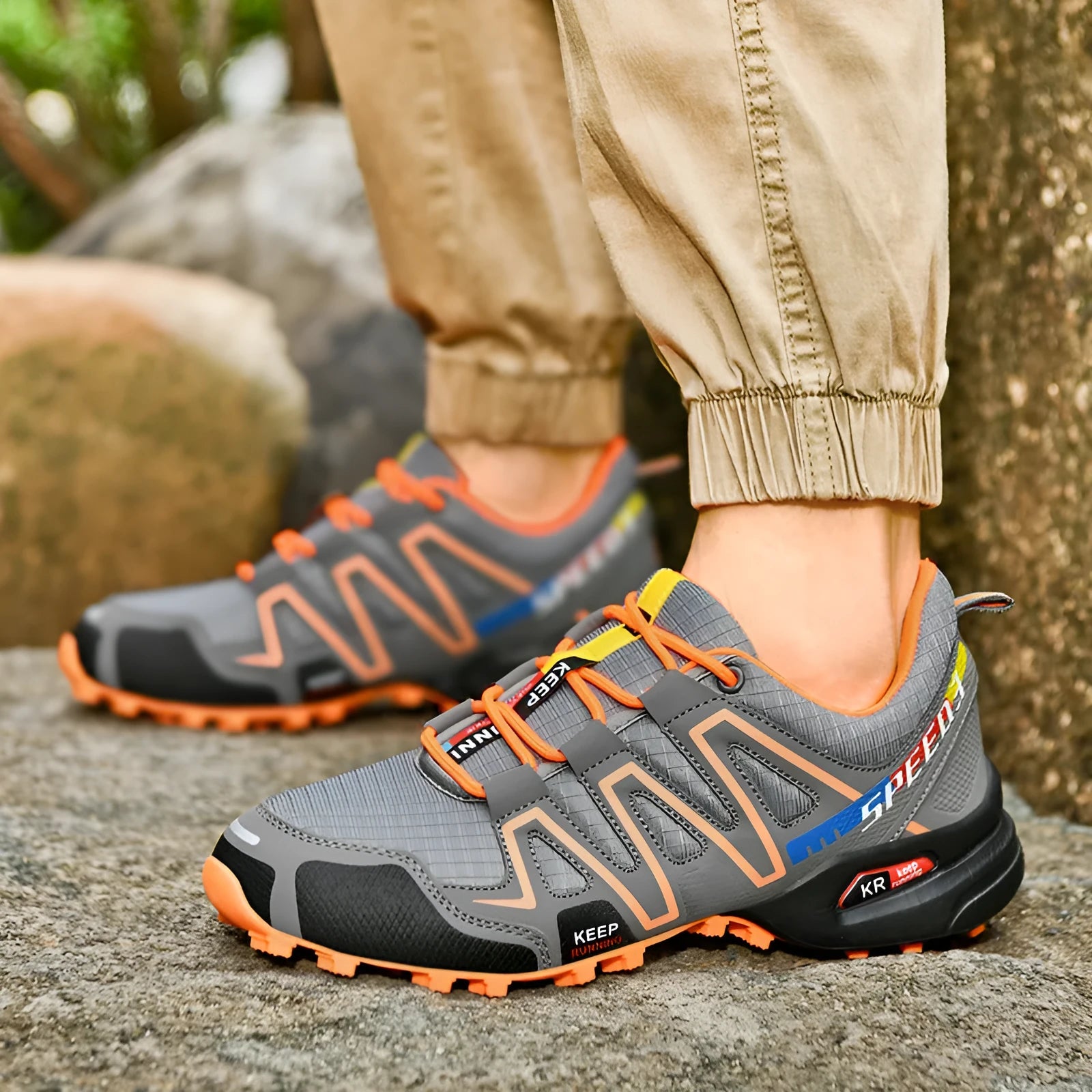 Men's low-top casual trainers in grey orange, featuring a synthetic leather upper and mesh lining.
