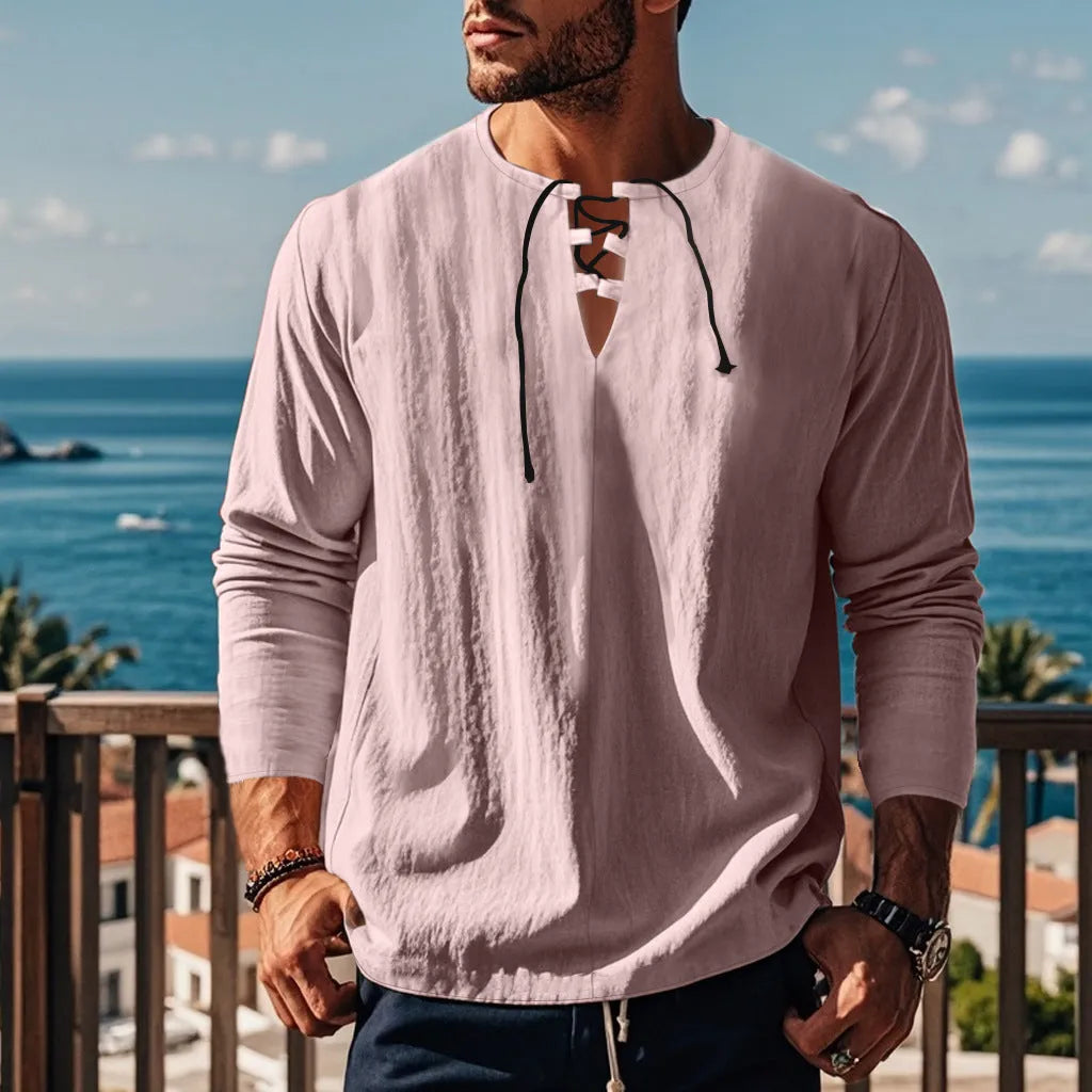 Cotton linen blend solid colour beach shirt in loose pullover style