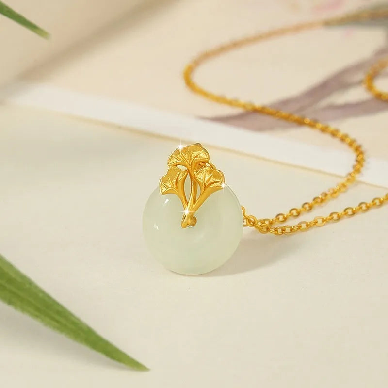 Gold 925 silver ginkgo leaf pendant necklace with peace buckle on adjustable 41-50cm cross chain