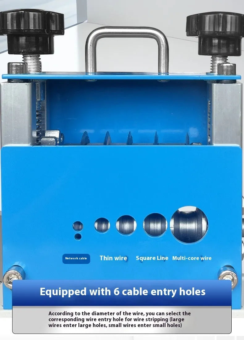 SD-017 manual wire stripping machine tool on a workbench next to electrical cables.