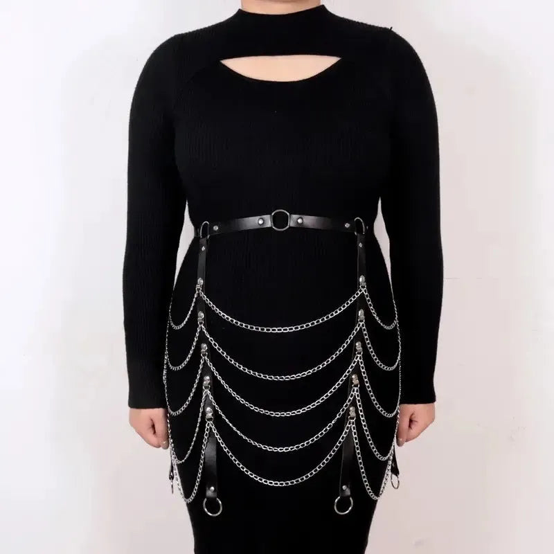 Black PU leather waist chain ornament with bandage binding chain design