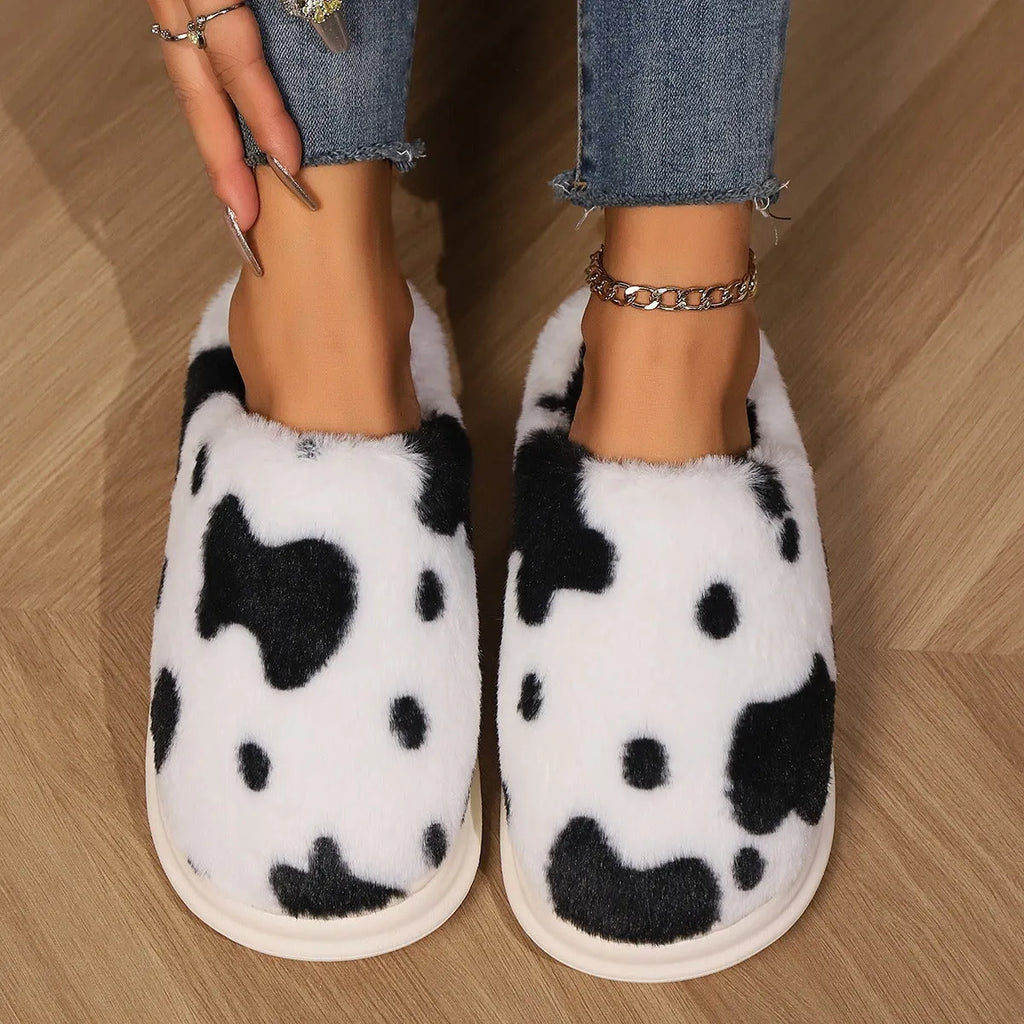 Cow spotted plush slippers with non-slip sole, available in black brown coffee pink for women and men
