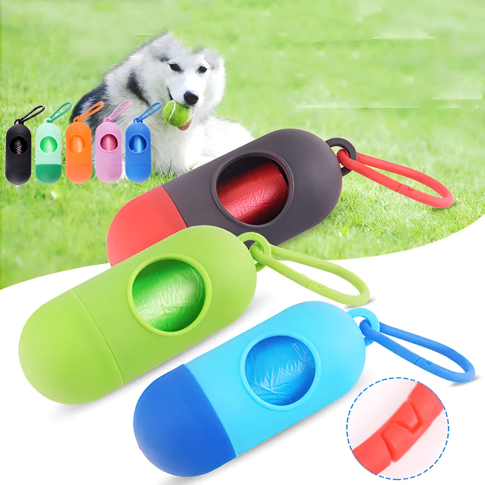 Compact dog poop bag holder with hook and Velcro strap attached to a leash handle, available in multiple colours