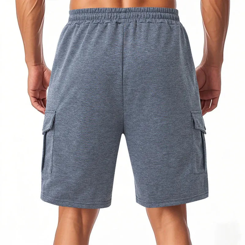 Men's heavy loose casual multi-pocket sports cargo shorts in terry fabric available in light grey, black, and dark grey
