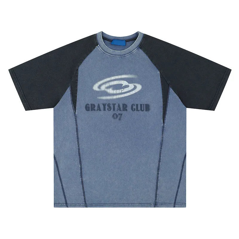 Men's blue hip hop letter print t-shirt with raglan sleeves and loose fit casual style