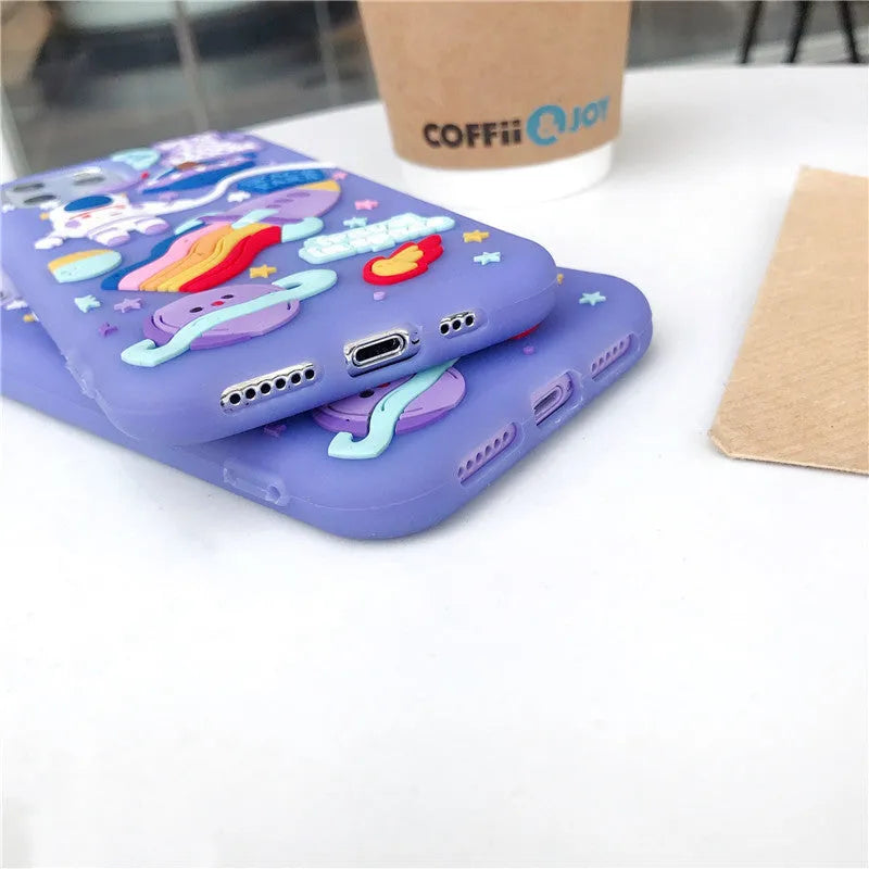 Purple silicone phone case with 3D stereoscopic astronaut and rocket design for Apple iPhone