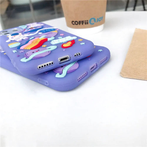 Purple silicone phone case with 3D stereoscopic astronaut and rocket design for Apple iPhone