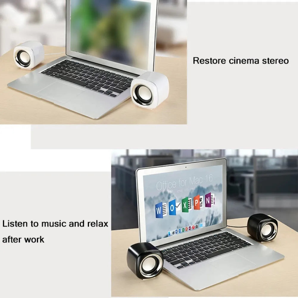 Compact black desktop speakers with 3.5mm cable and volume scroll wheel