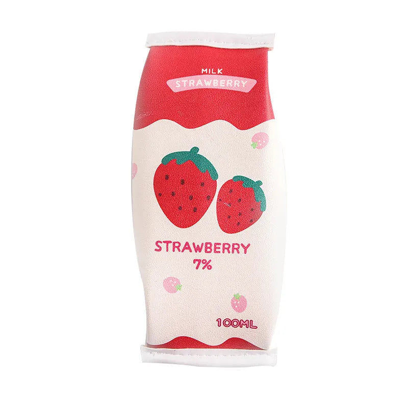 Strawberry milk pencil case in leather with milk carton shape and cartoon strawberry pattern