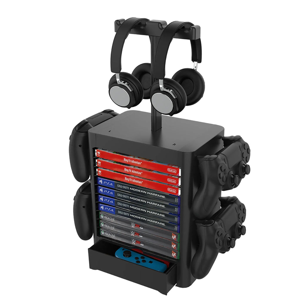 Black gaming console accessories storage rack holding controllers and headphones with a pull-out drawer.
