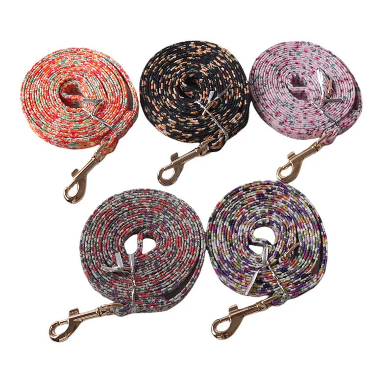 Floral patterned cloth dog harness and leash set in orange, purple, pink, black or white with red flowers design