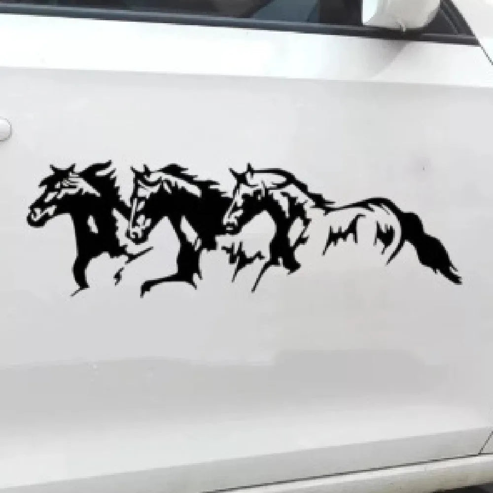 Three Horses steed design car decal sticker measuring 25 by 8cm in black, white, blue, or red colours