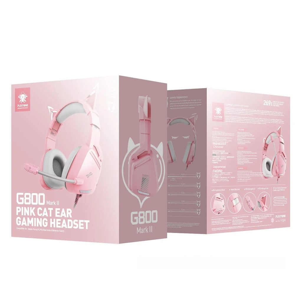 Headworn wired earphones with 50mm driver and line control, pink plextone finish, braided cable, L-shaped 3.5mm plug