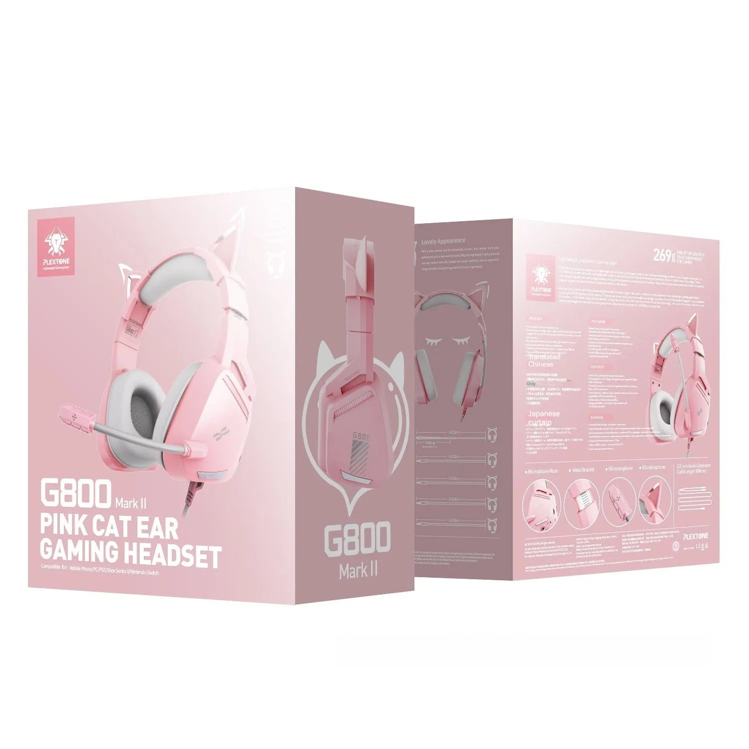 Headworn wired earphones with 50mm driver and line control, pink plextone finish, braided cable, L-shaped 3.5mm plug