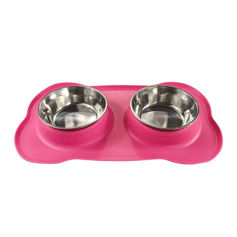 Large silicone double dog bowl with stainless steel inserts in raised feeding design