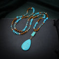 Blue turquoise water drop pendant necklace with mixed gem inlay on ball bead chain