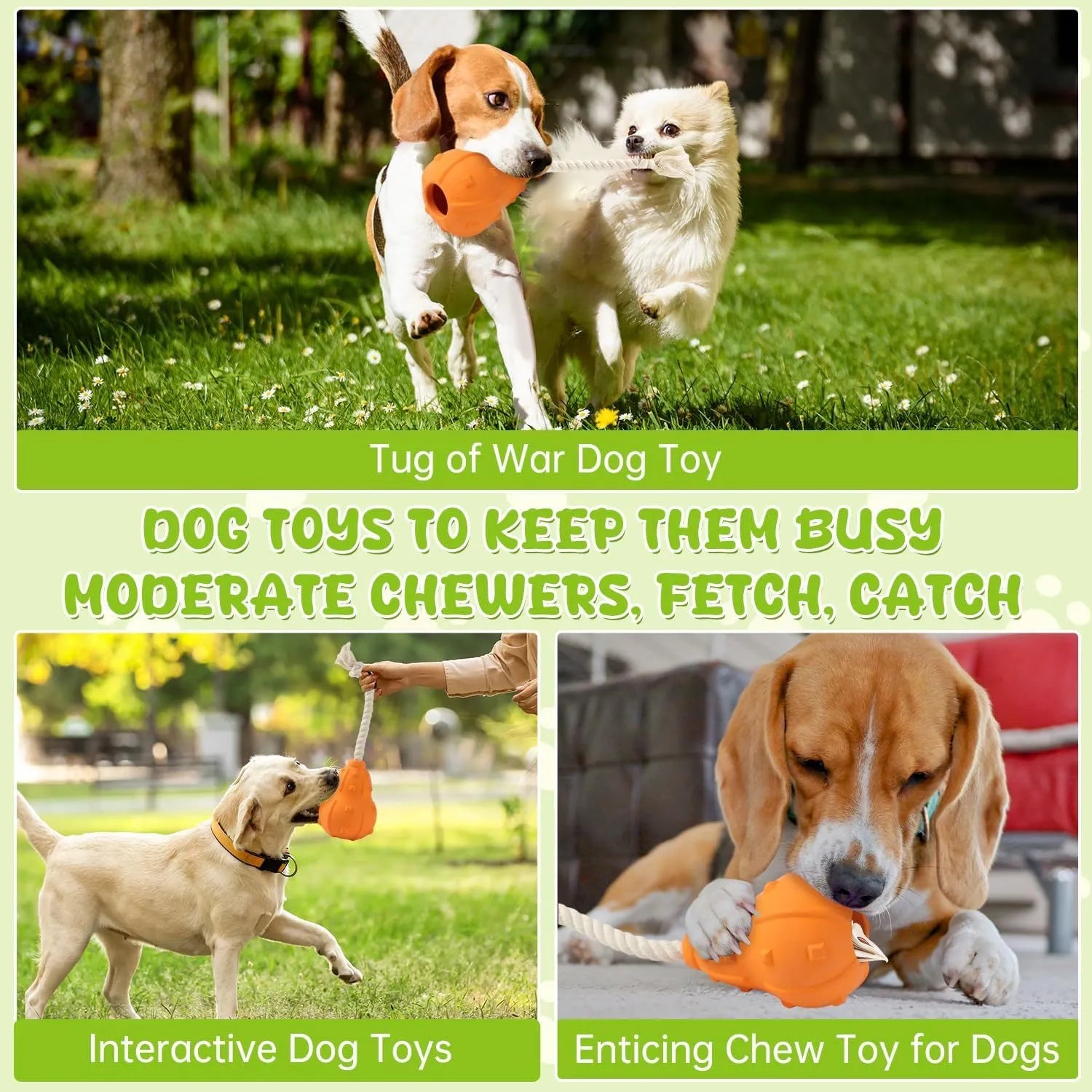 Natural rubber stuffable dog toy with a long strap for interactive play.