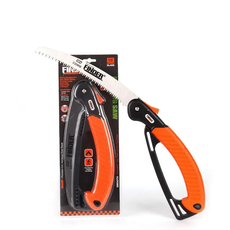 Folding garden saw with extended 230mm blade showing teeth detail and TPR grip handle