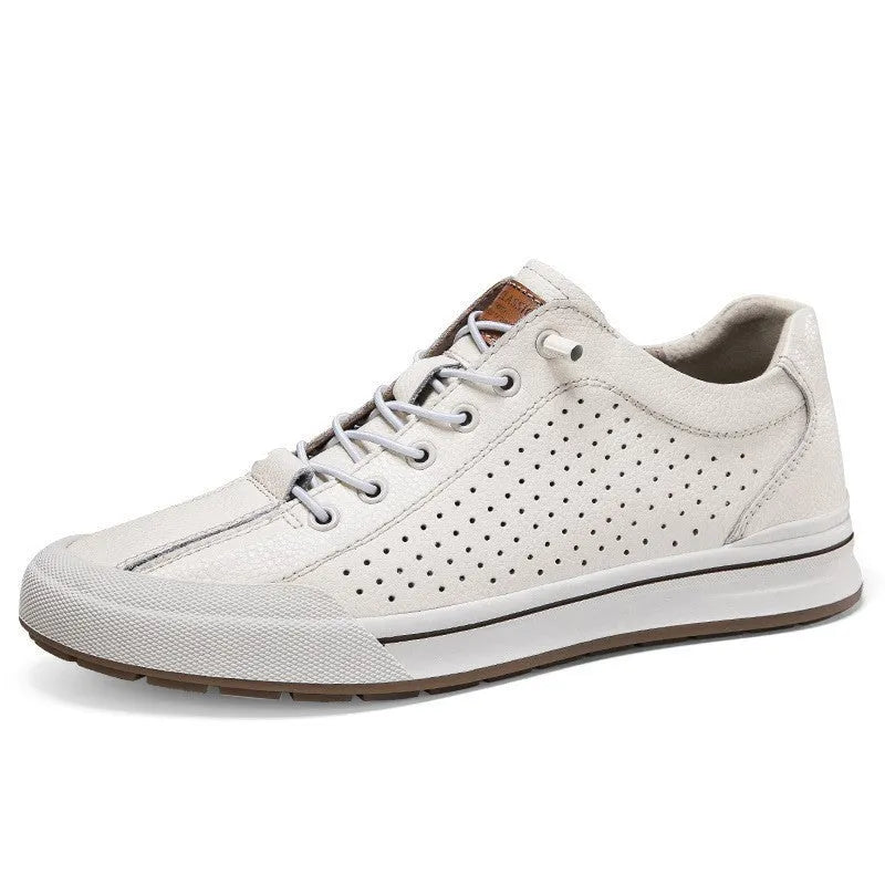 Men's white matte leather casual shoes with flat heel and round toe on a solid background.