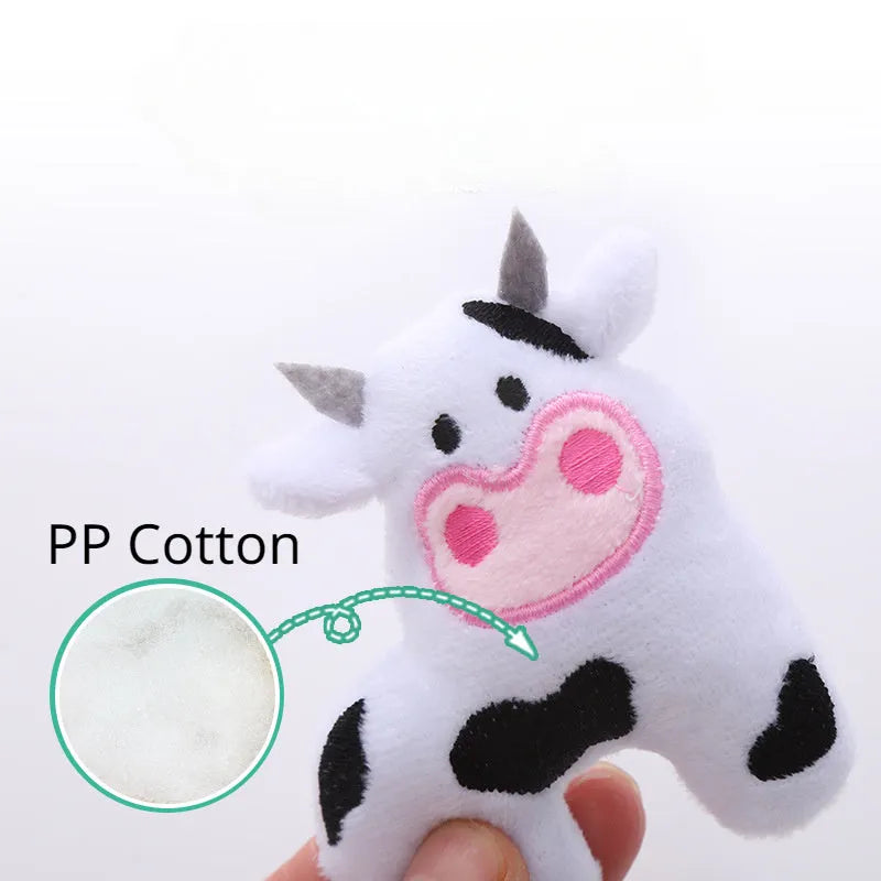Plush cat toy in the shape of a cow and a parrot, designed for interactive play with catnip.