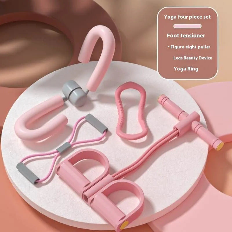 Yoga four piece fitness set showing leg stretching device, yoga ring, pedal puller, and figure eight tension rope