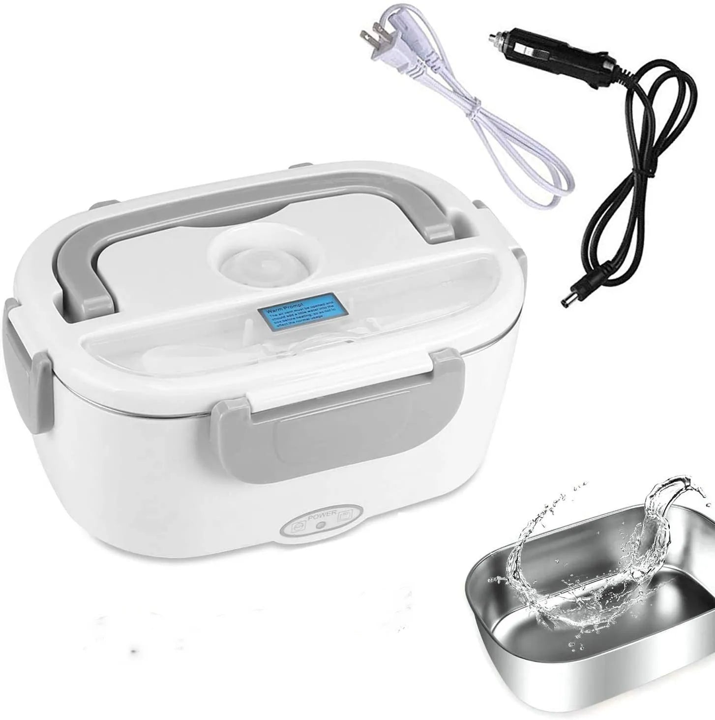 Grey dual-power electric heating lunch box with car and home connectors showing stainless steel inner tank