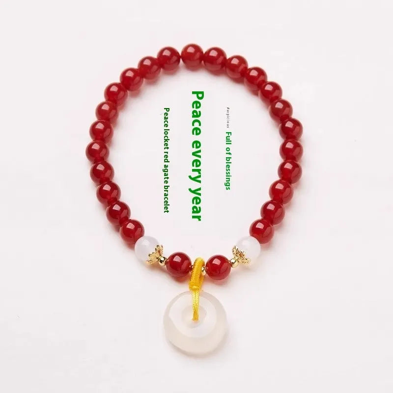 Handmade Chinese style bracelet with natural jinsi jade and red agate 6mm beads and safety buckle clasp