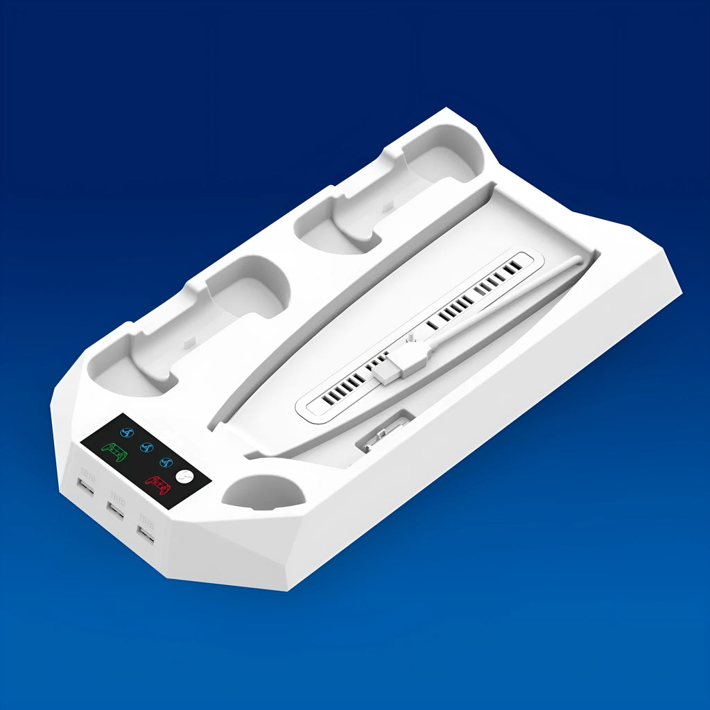 PS5 charging base radiator in black or white with controller charging ports and headset storage hook