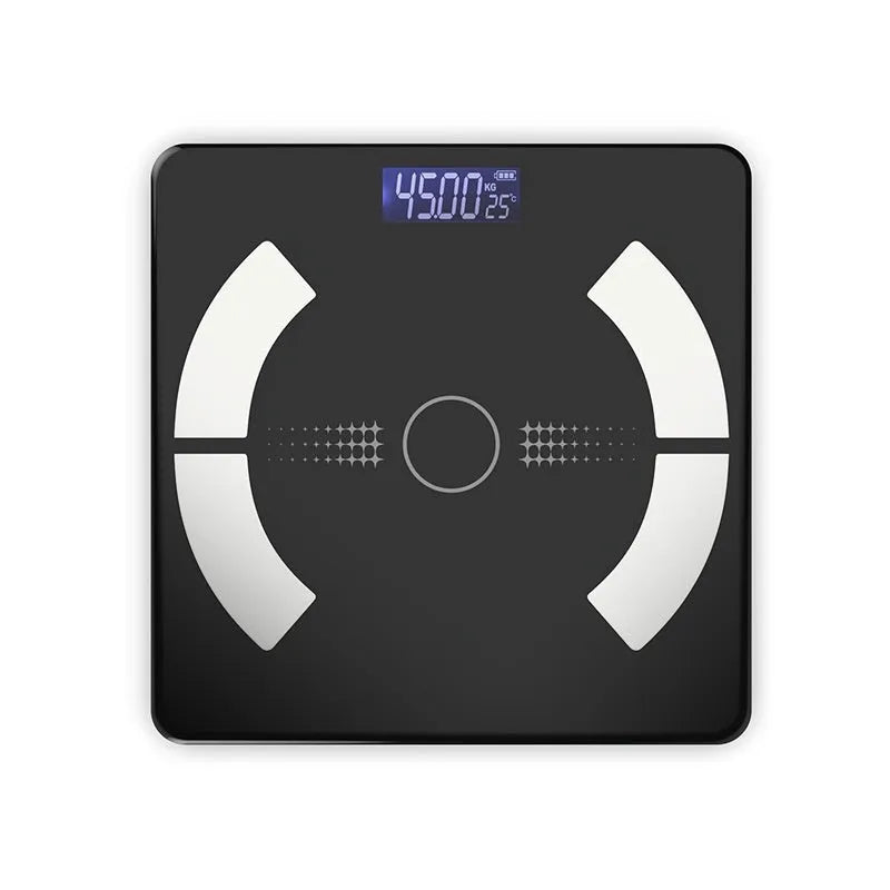 Smart Bluetooth body fat scale in white colour showing digital display with multiple health metrics
