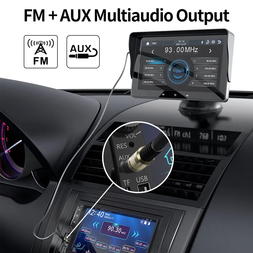 7 inch wireless CarPlay car display with suction cup mount and cigarette lighter connector