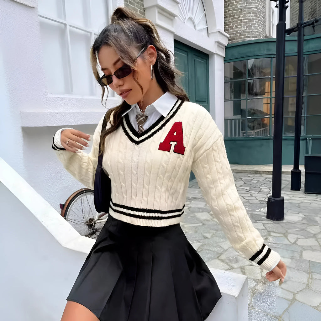 Women's V-neck slim striped knitted shirt with patch detail in creamy white, pullover style