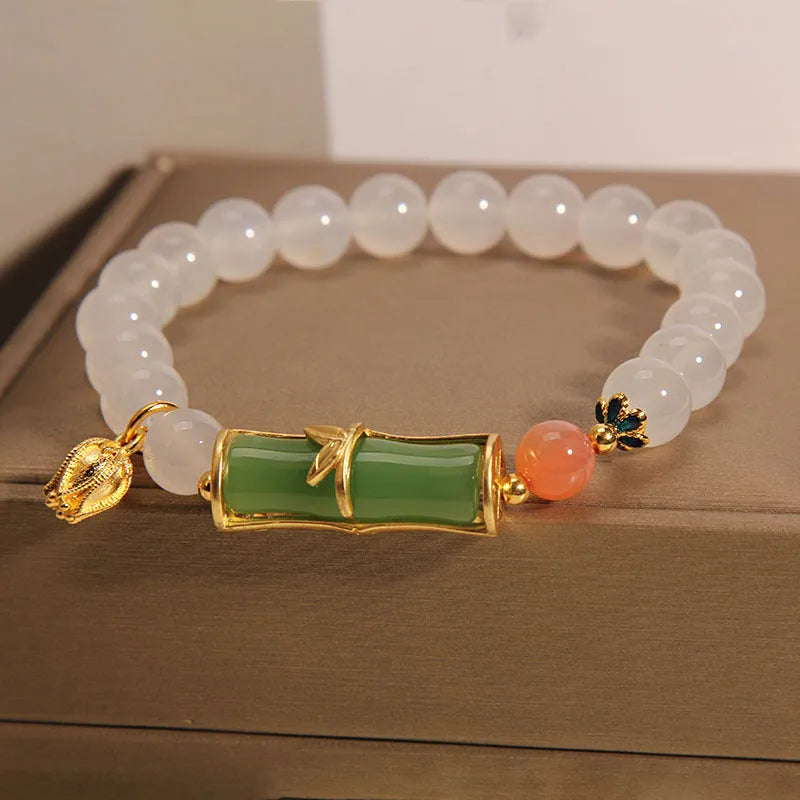 White agate and jade bamboo beaded bracelet in Chinese retro style for women