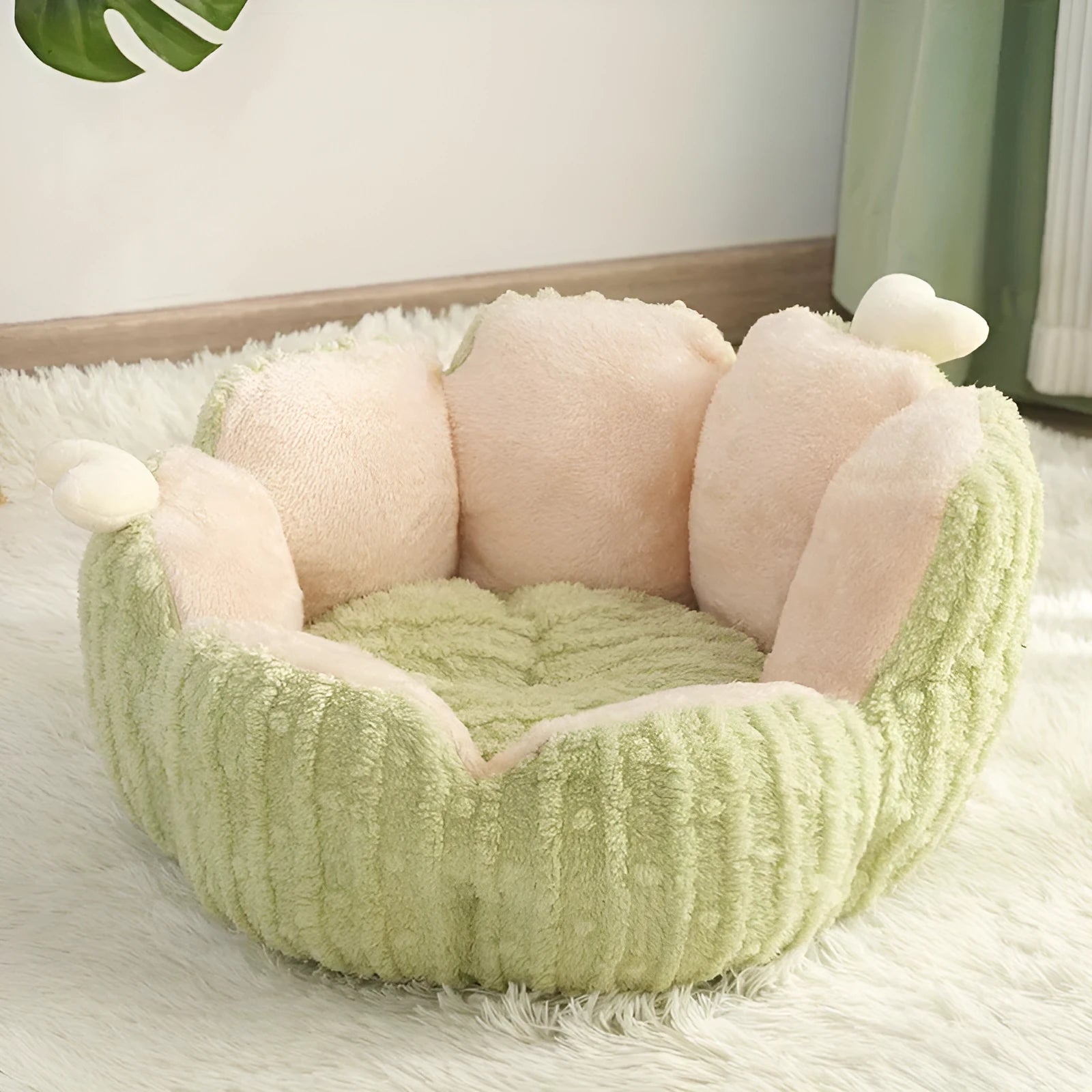 Soft purple or green cactus-themed cat kennel shown in large and small sizes.
