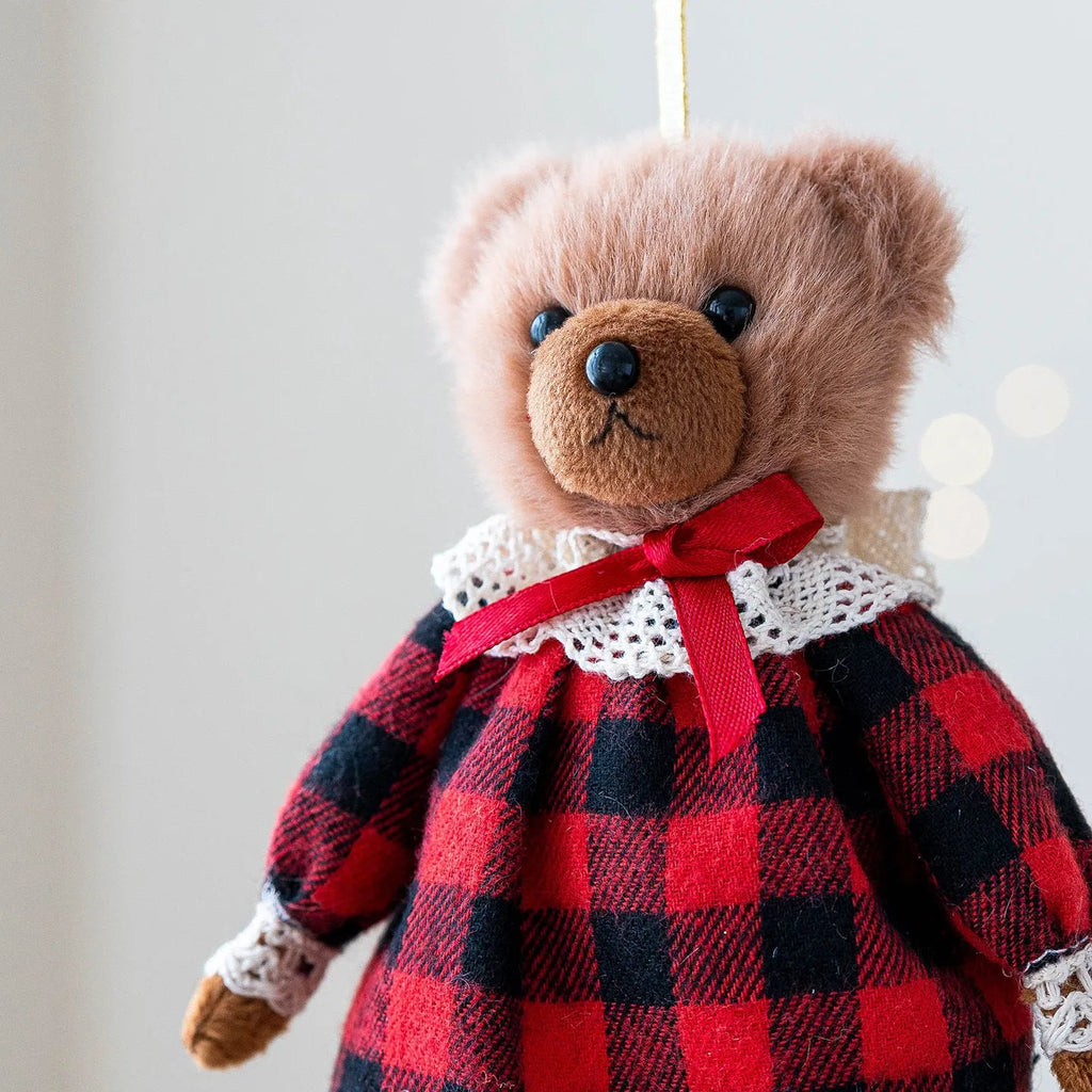 Pair of cartoon plush bear dolls, a princess and a gentleman, wearing cotton suits with a plaid tartan pattern.